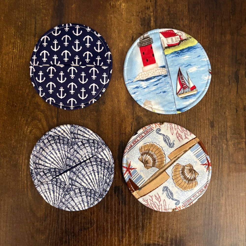 Nautical Beach Theme Fabric Wine Glass Coasters with Pocket Cozie Set of 4
